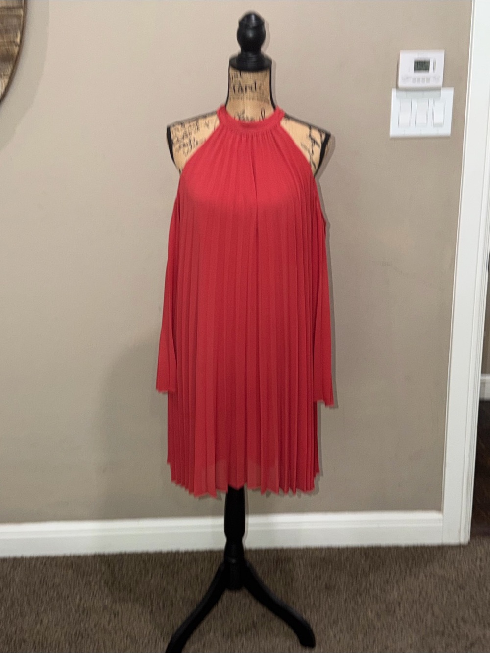 Rusty Red Pleated Open Shoulder Dress